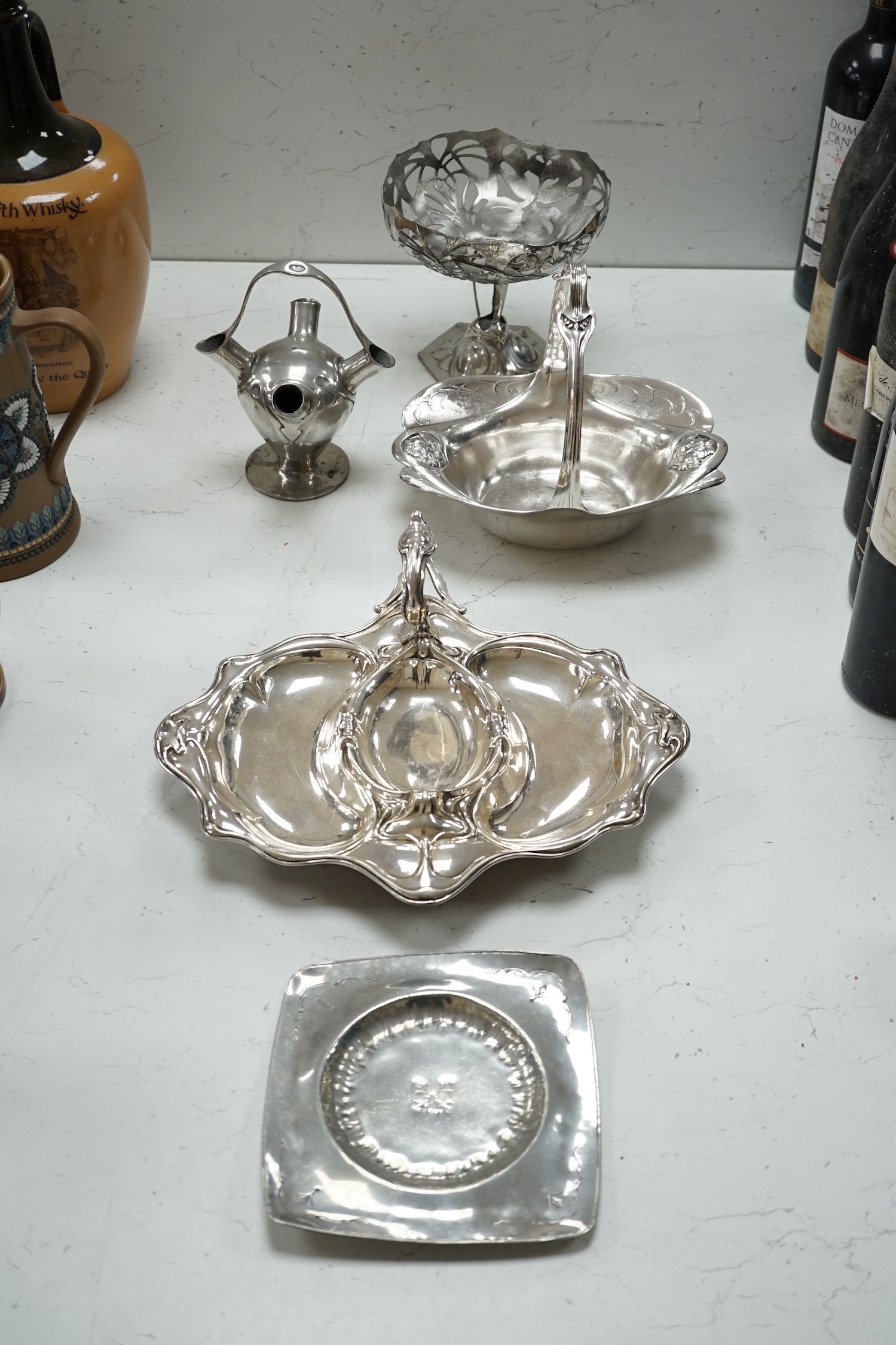 An Osiris Art Nouveau comport and four other Art Nouveau plated items. Condition - fair to good